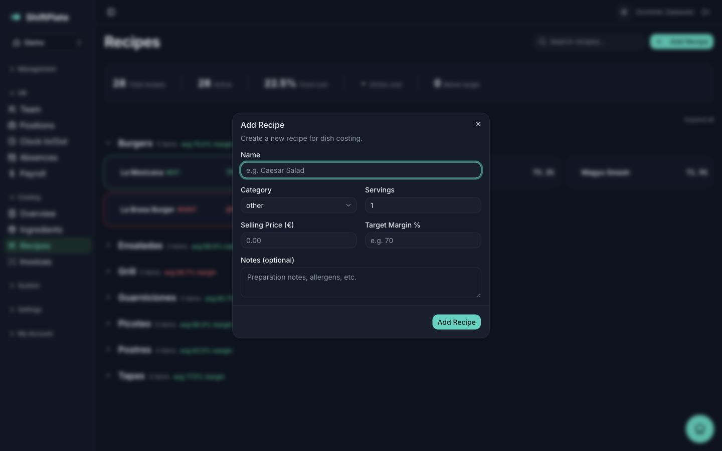 The Add Recipe dialog with name, category, servings, price, and target margin.