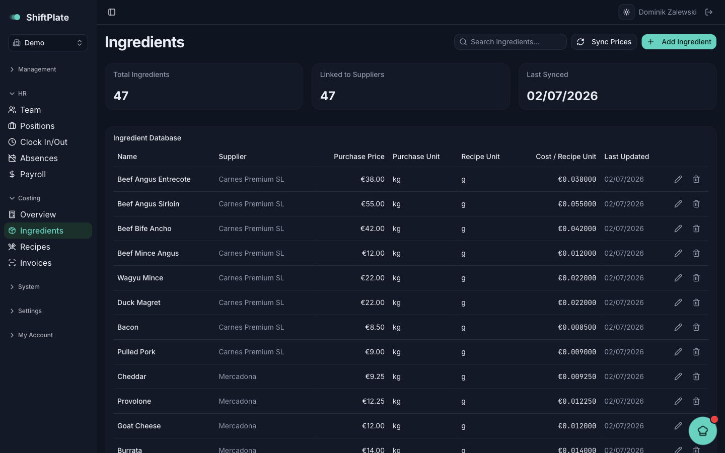 The Ingredient Database, with each ingredient's price, units, and supplier.