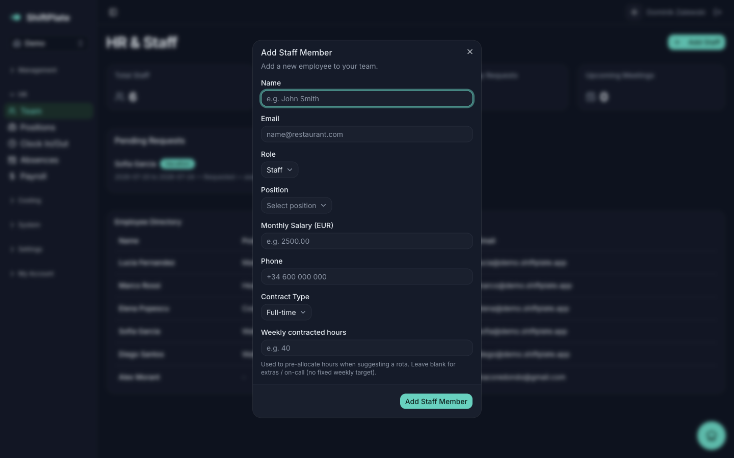 The Add Staff Member form with position, monthly salary, and contract type.