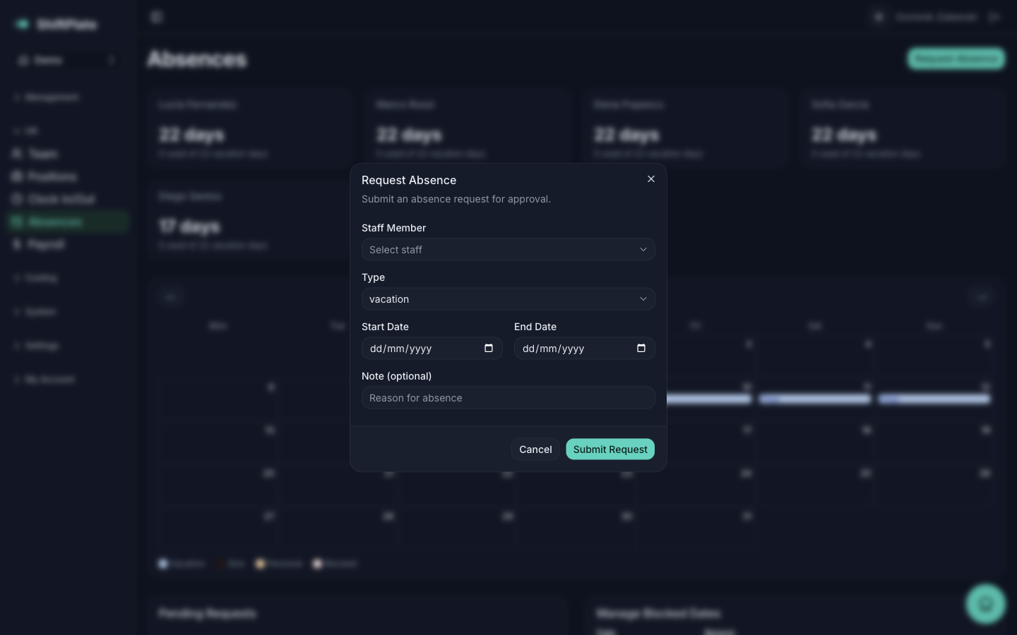 The Request Absence dialog: staff member, type, dates, and note.