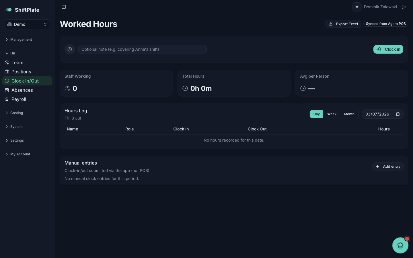 The Worked Hours page: hours totals and the Hours Log.