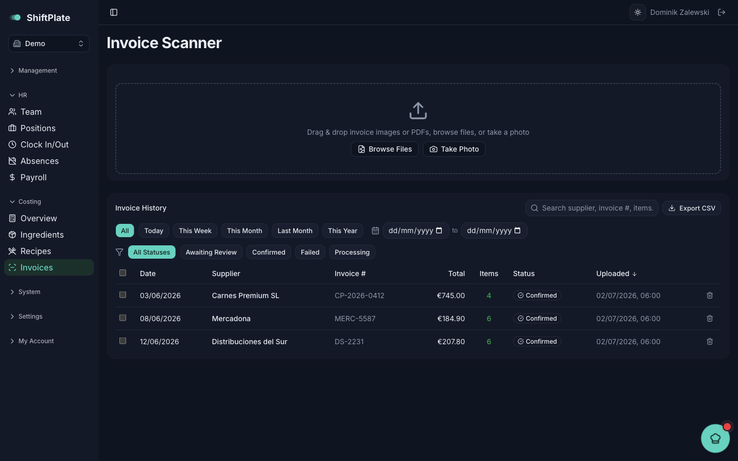 The upload dropzone at the top of the Invoice Scanner page.