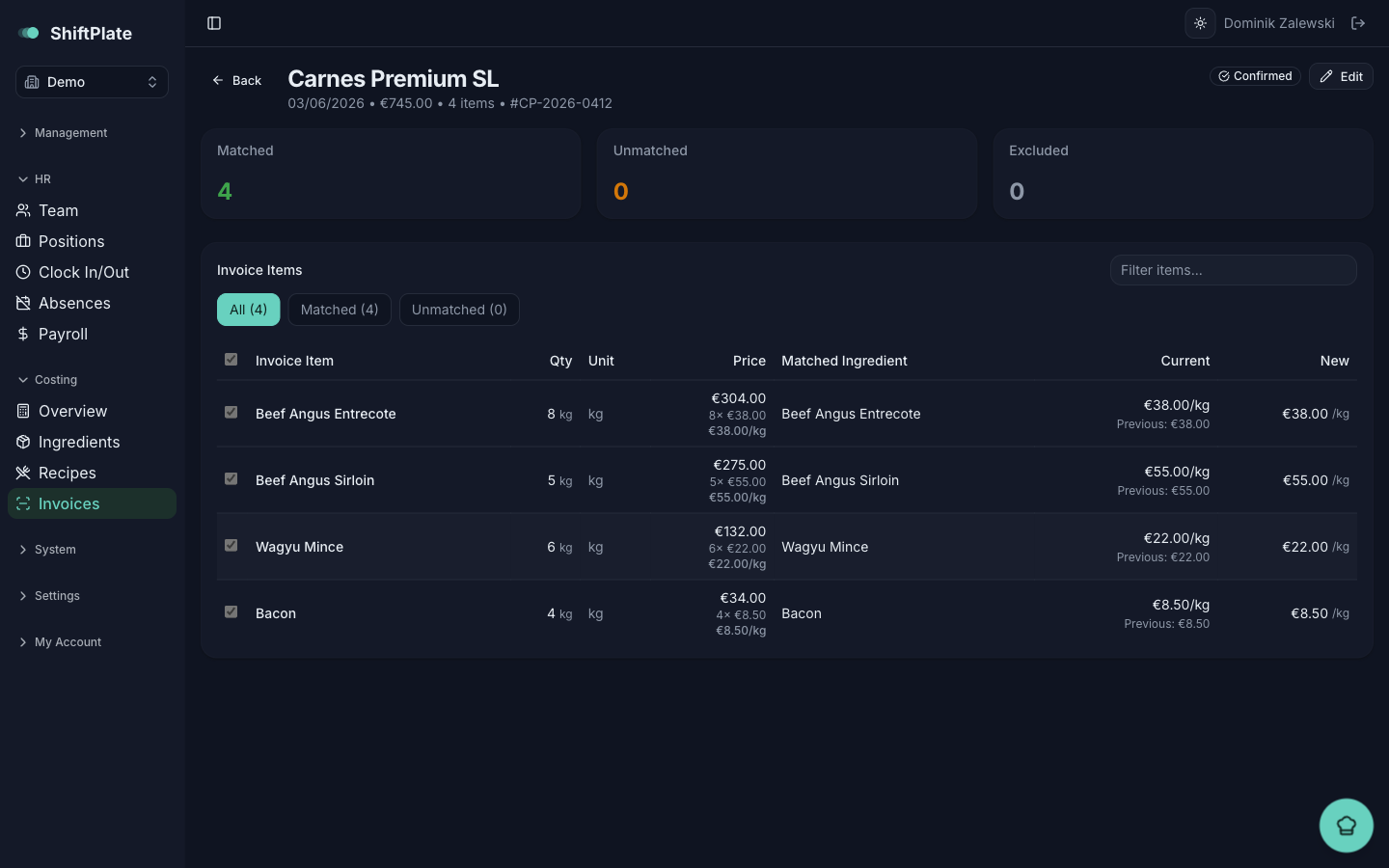 The review screen: invoice details up top, the line-item table below.
