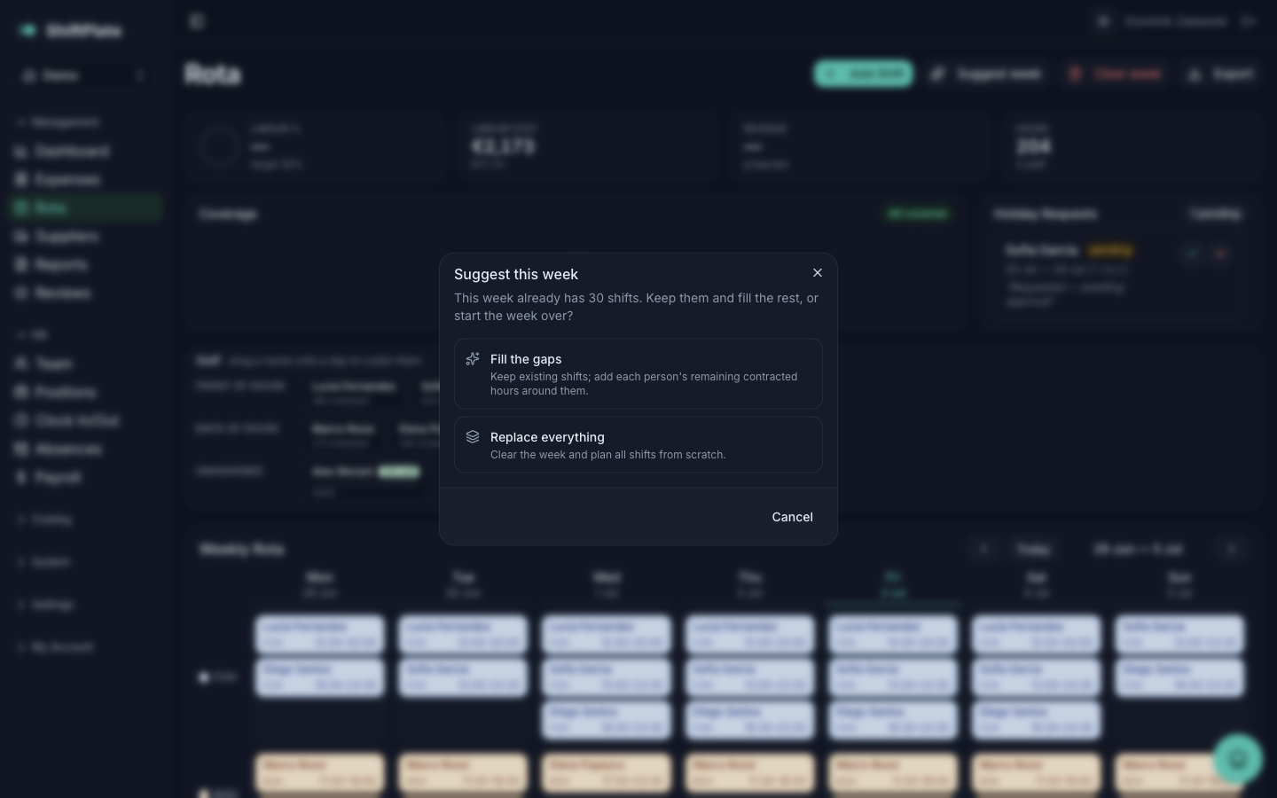 The Suggest week dialog: fill the gaps, or replace everything.