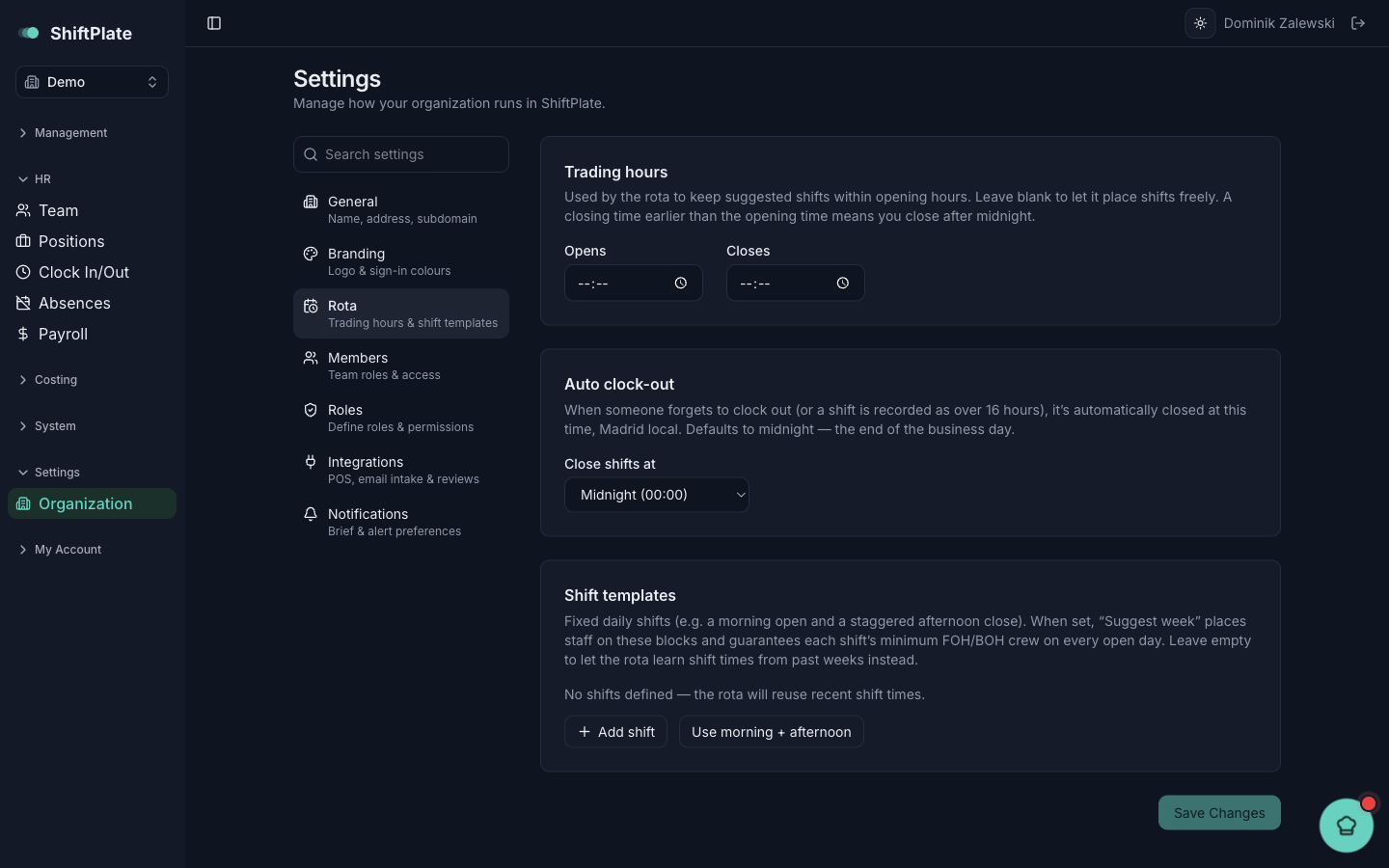 Settings → Rota: trading hours, auto clock-out, and shift templates.